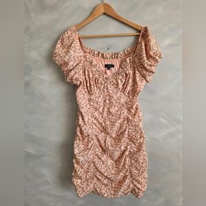 Lulus Reason to Be Peach Floral Print Off Shoulder Mini Dress Ruched Babydoll L